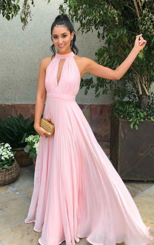 Pink Prom Dress, Tulle Evening Dresses, Pleat Prom Dresses, Halter Prom Gown CD19921