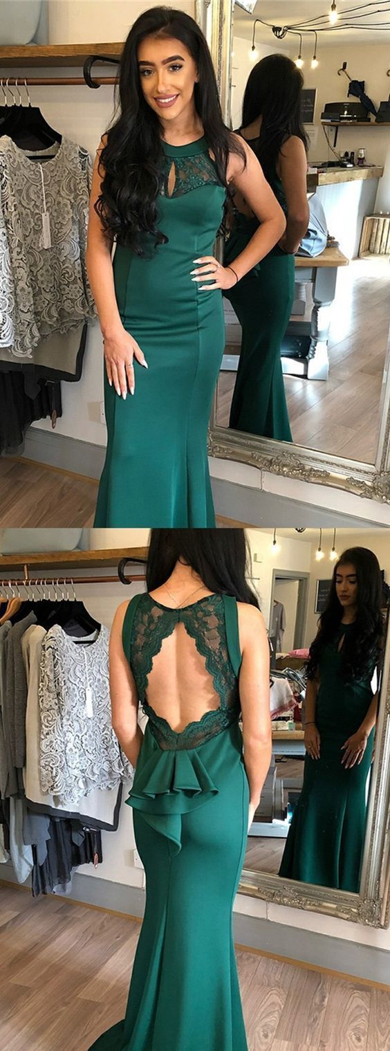 Mermaid Round Neck Open Back Dark Green Formal Dress with Lace Ruffles prom dresses CD19937