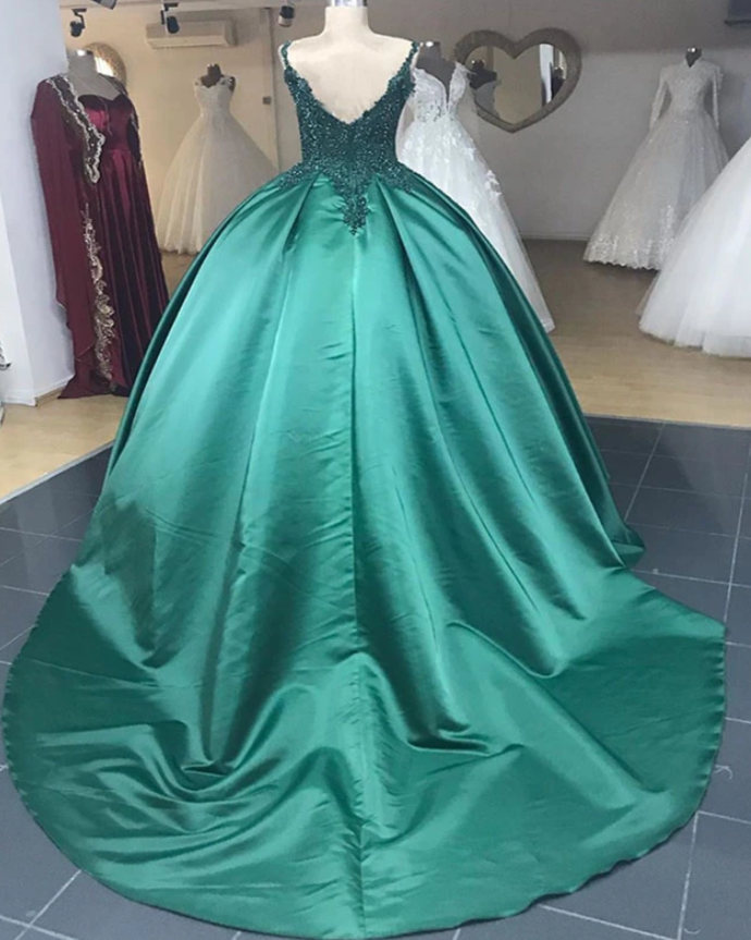 prom dresses V Neck Embellished Beads Green Wedding Dresses Ball Gowns Lace CD19970