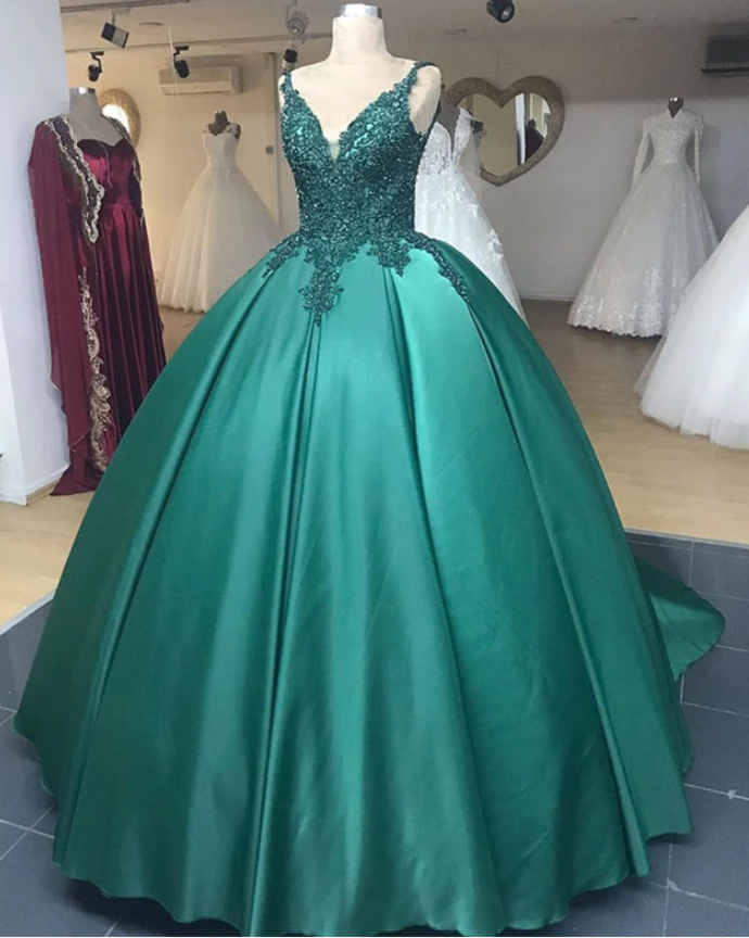 prom dresses V Neck Embellished Beads Green Wedding Dresses Ball Gowns Lace CD19970