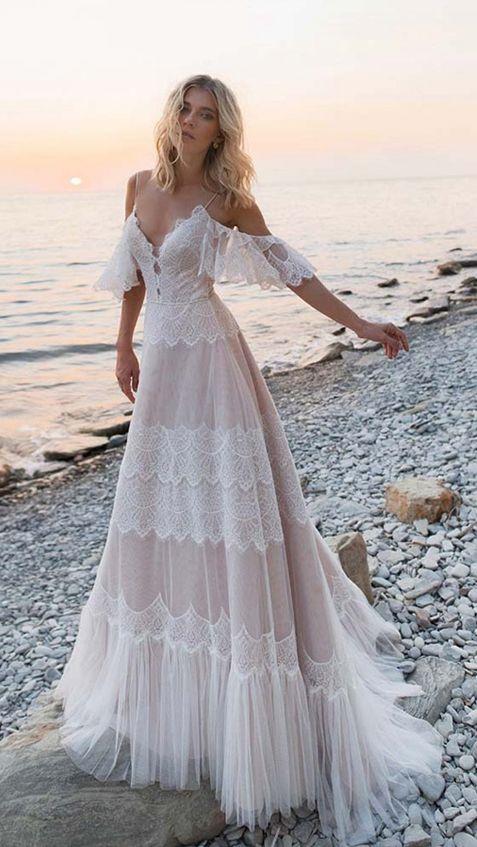 Bohemia Straps Off Shoulder Charming Lace Beach Wedding Dresses prom dress CD19972