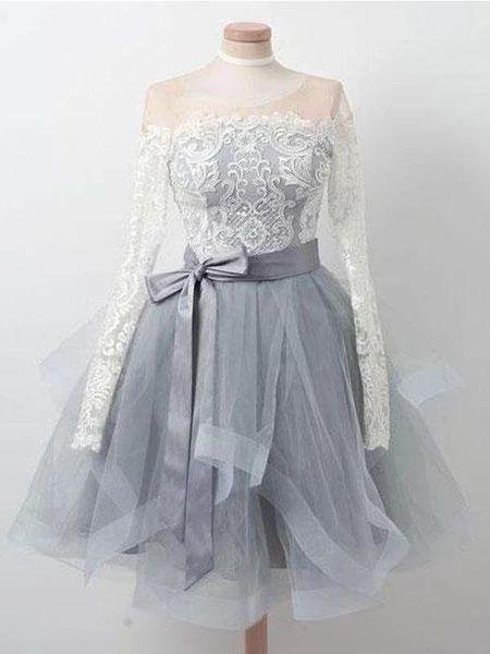 Long Sleeves Lace Grey Short Cheap Homecoming Dresses CD20244