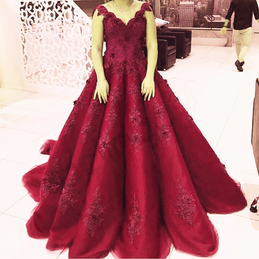 ball gown prom dresses Elegant Lace Straps V Neck Tulle Burgundy Wedding Dresses Ball Gowns CD20247