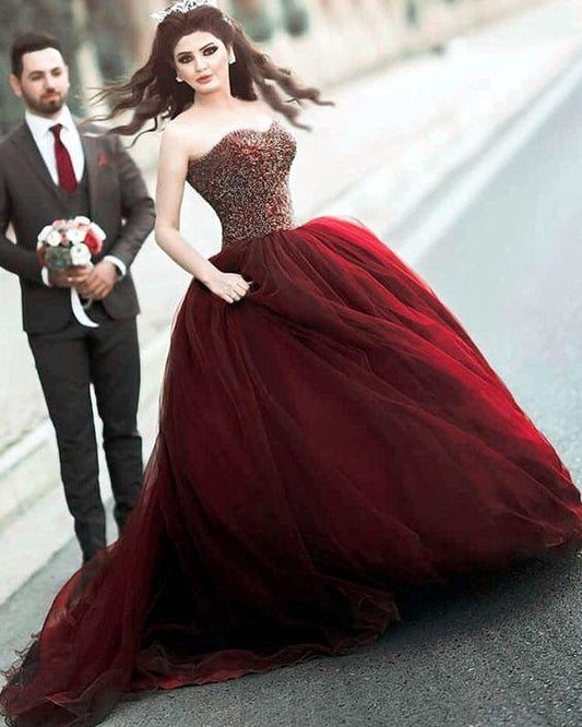 Burgundy strapless wedding dresses prom dresses CD20249