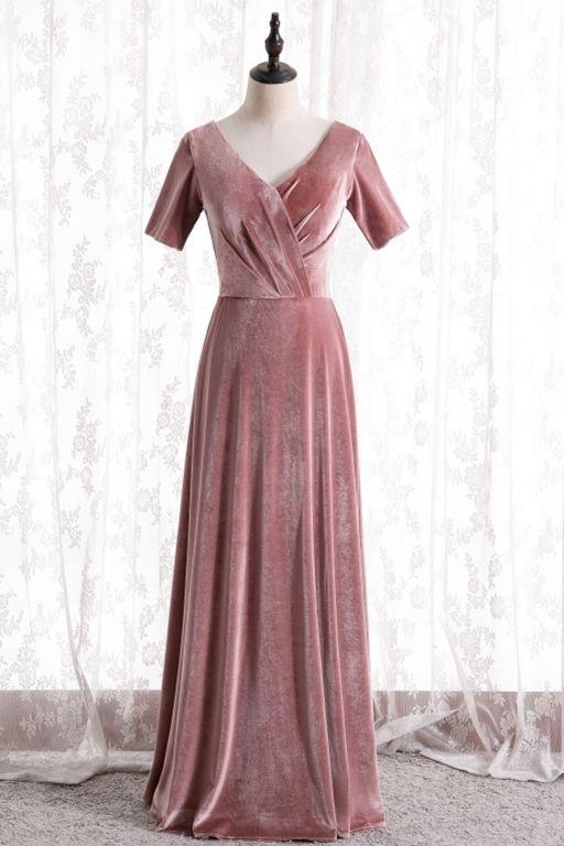 short sleeves blush velvet long party dress bridesmaid dresses prom dress CD20240