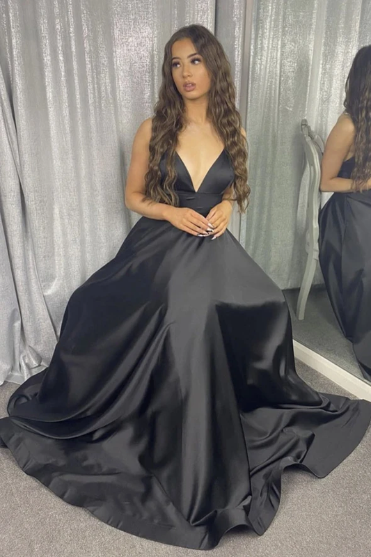 Black v neck satin long A line prom dress black evening dress CD20331