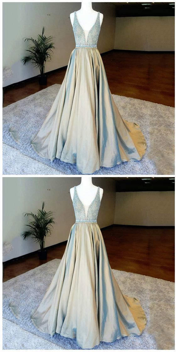 A-Line Deep V-Neck Floor-Length Light Champagne Prom Dress CD2039