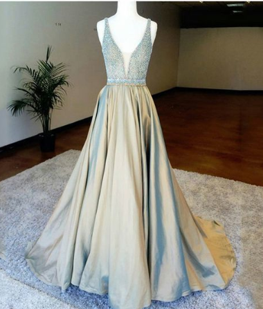 A-Line Deep V-Neck Floor-Length Light Champagne Prom Dress CD2039