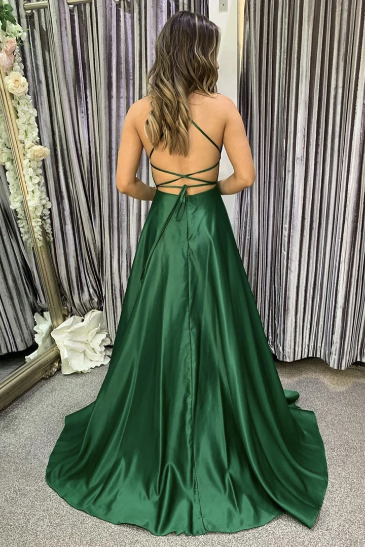 Green satin long A line prom dress evening dress CD20446