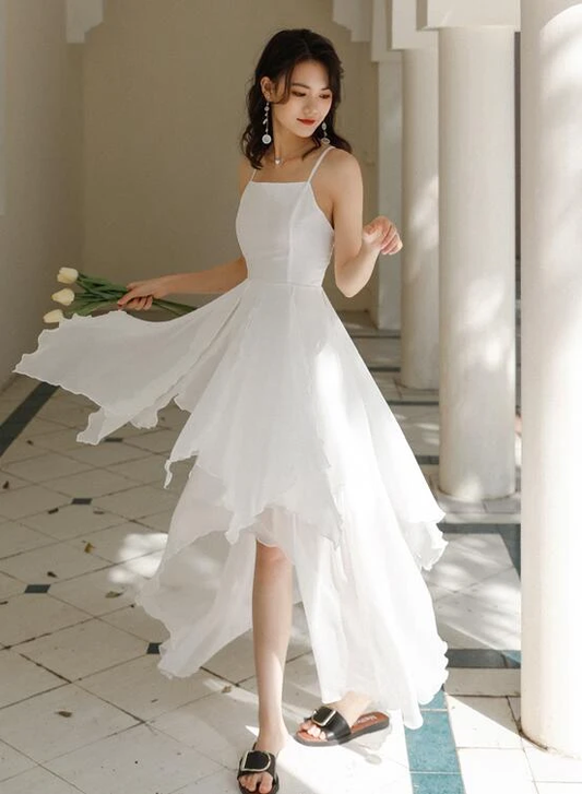 White Chiffon High Low Chic Simple Wedding Party Dress, White Short Prom Dress Graduation Dress CD20451