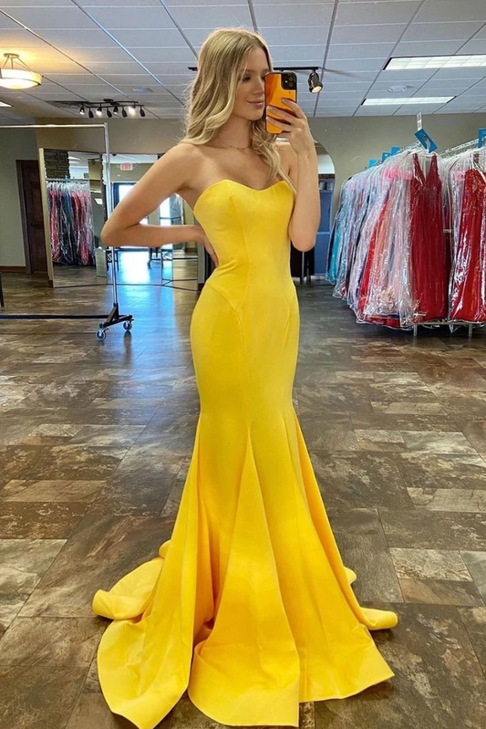 SIMPLE YELLOW SATIN LONG PROM DRESS YELLOW FORMAL DRESS CD20456