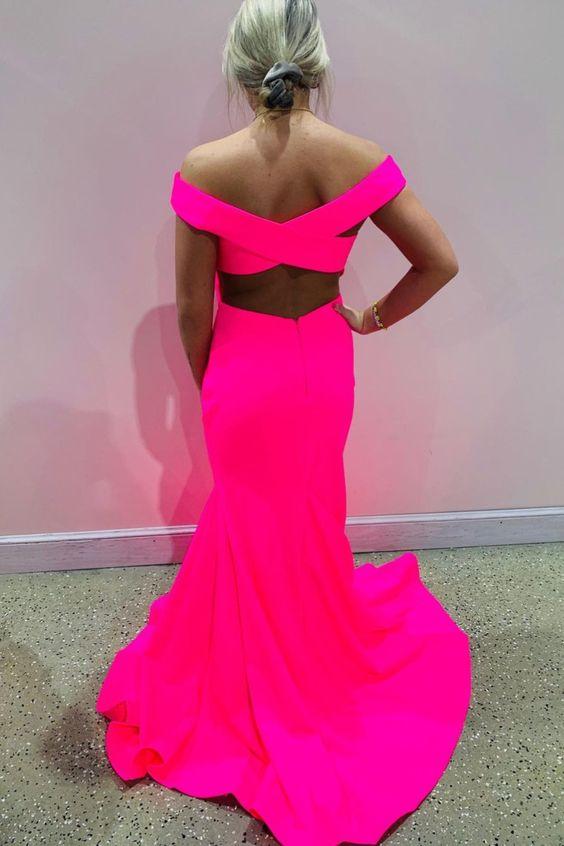 off the shoulder mermaid hot pink long party prom dress with cross back CD20505