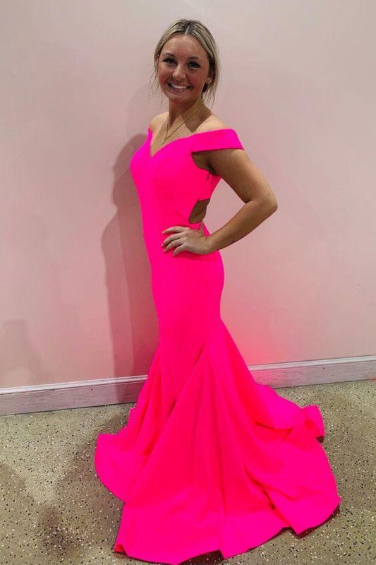 off the shoulder mermaid hot pink long party prom dress with cross back CD20505