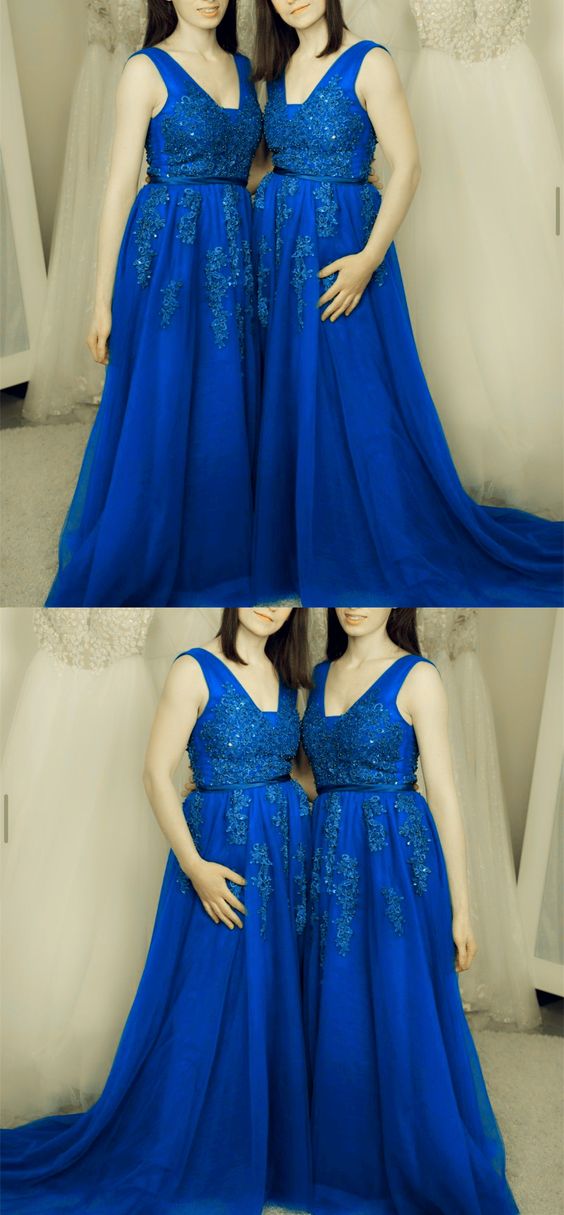 Prom Dresses Elegant Royal Blue Bridesmaid Dresses Lace Appliques V Neck CD20542