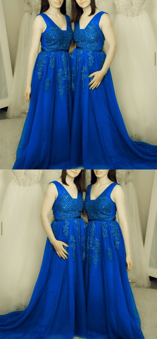 Prom Dresses Elegant Royal Blue Bridesmaid Dresses Lace Appliques V Neck CD20542