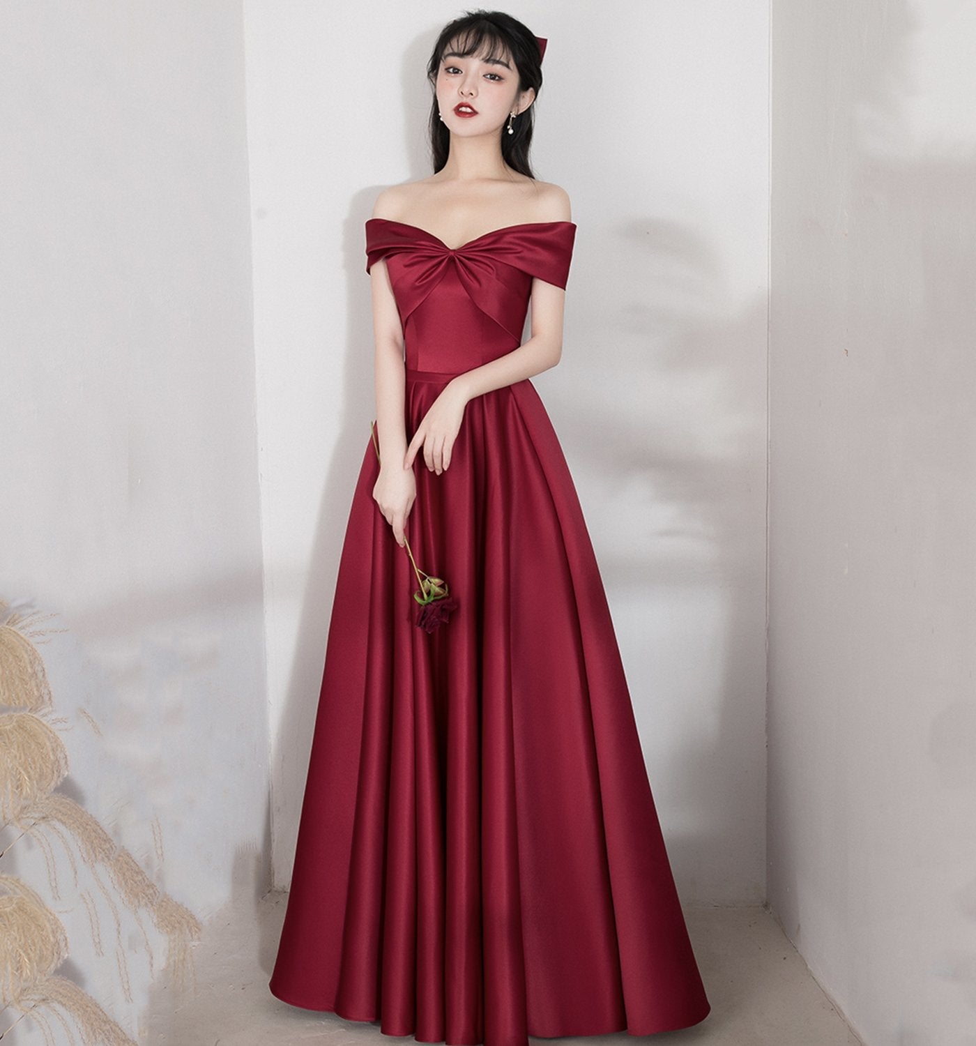 BURGUNDY SATIN LONG A LINE PROM DRESS EVENING DRESS CD20661