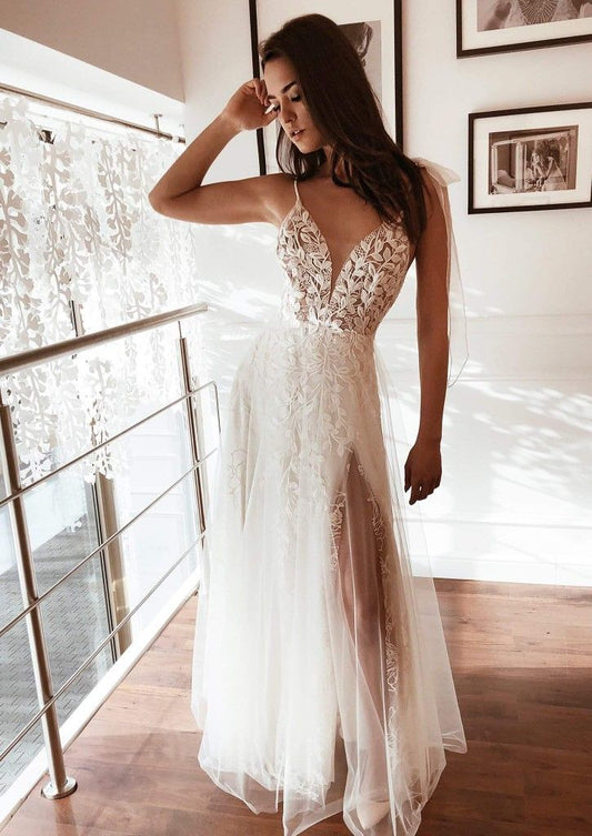 2024 A line lace V Neck Prom Dress with Split CD20700