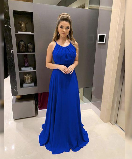 royal blue chiffon halter long bridesmaid dresses for boho weddings prom dresses long formal gowns CD20759