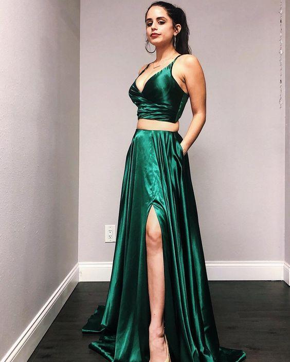 Princess Two Pieces Green Prom Dress, V-Neck Emerald Green Long Party Dress CD20847