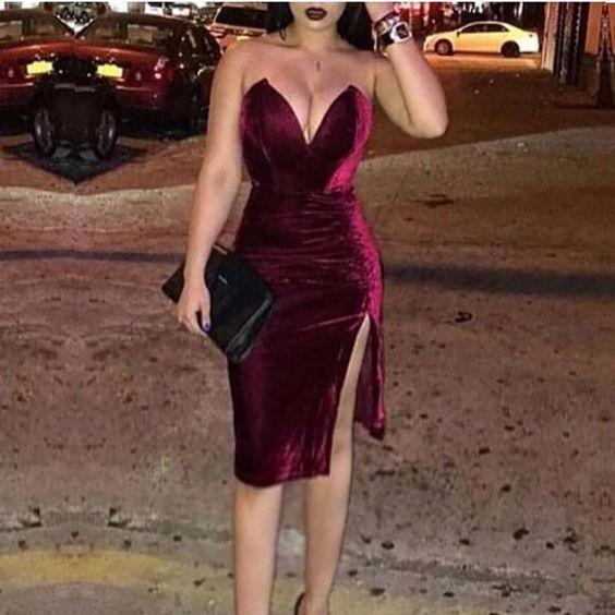 Sexy Deep V Pure Colour Velvet Slit Slim Evening Dress Prom Dress CD20896