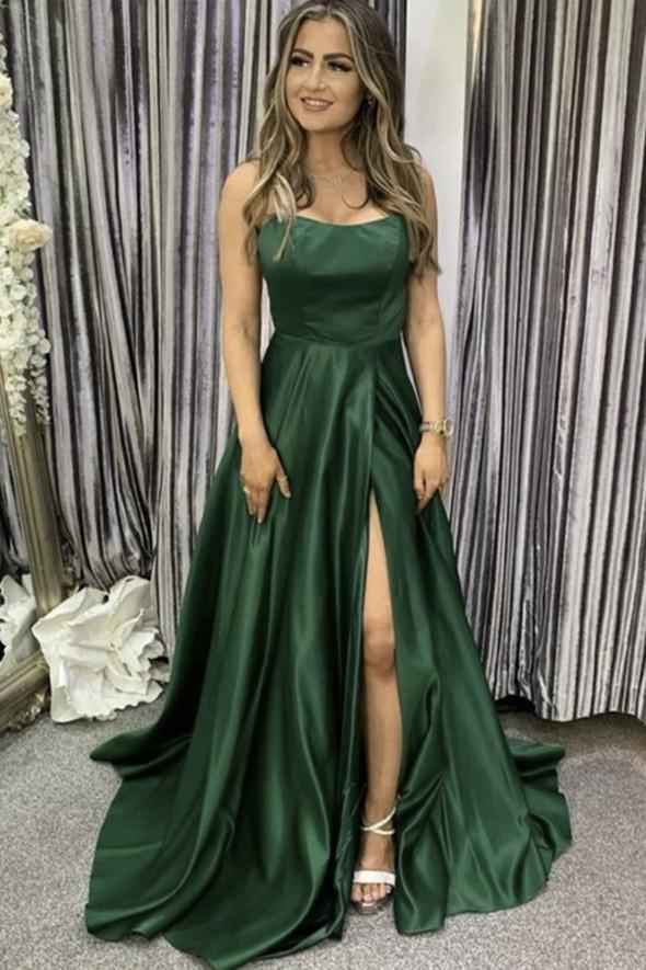 Green satin long A line prom dress evening dress CD20959