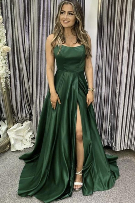 Green satin long A line prom dress evening dress CD20959