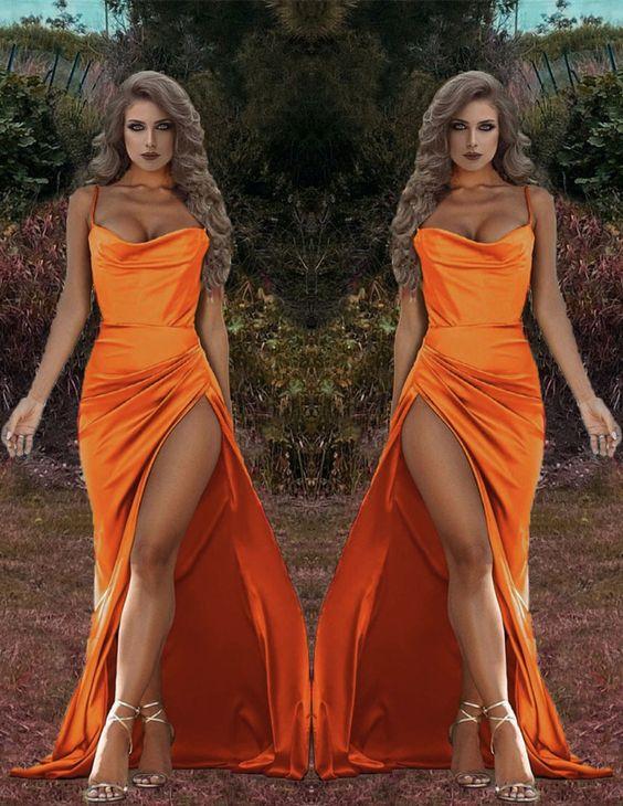 Amazing Mermaid satin orange Bridesmaid dresses leg split spaghetti straps with cowl neck prom dress, evening dress CD21056