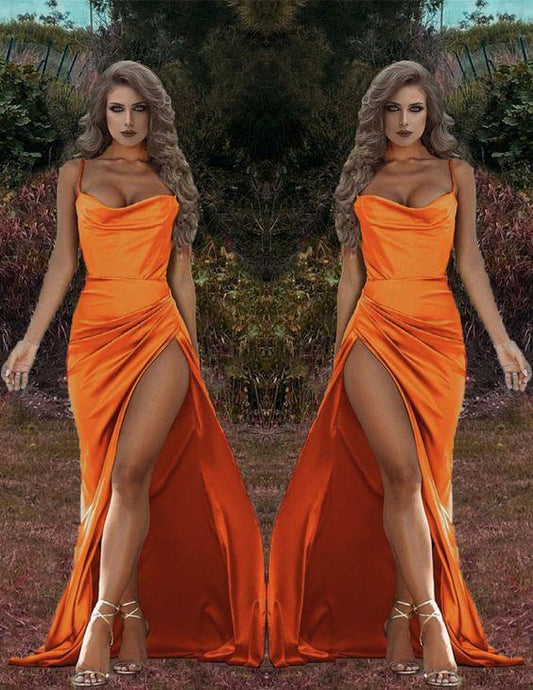 Amazing Mermaid satin orange Bridesmaid dresses leg split spaghetti straps with cowl neck prom dress, evening dress CD21056