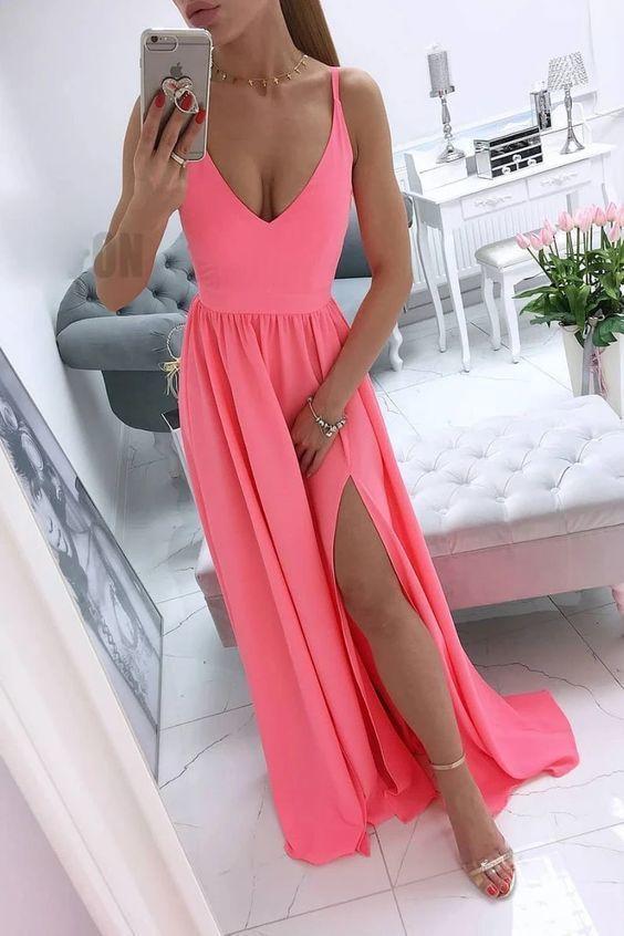 Simple v neck coral chiffon long prom dress CD21089