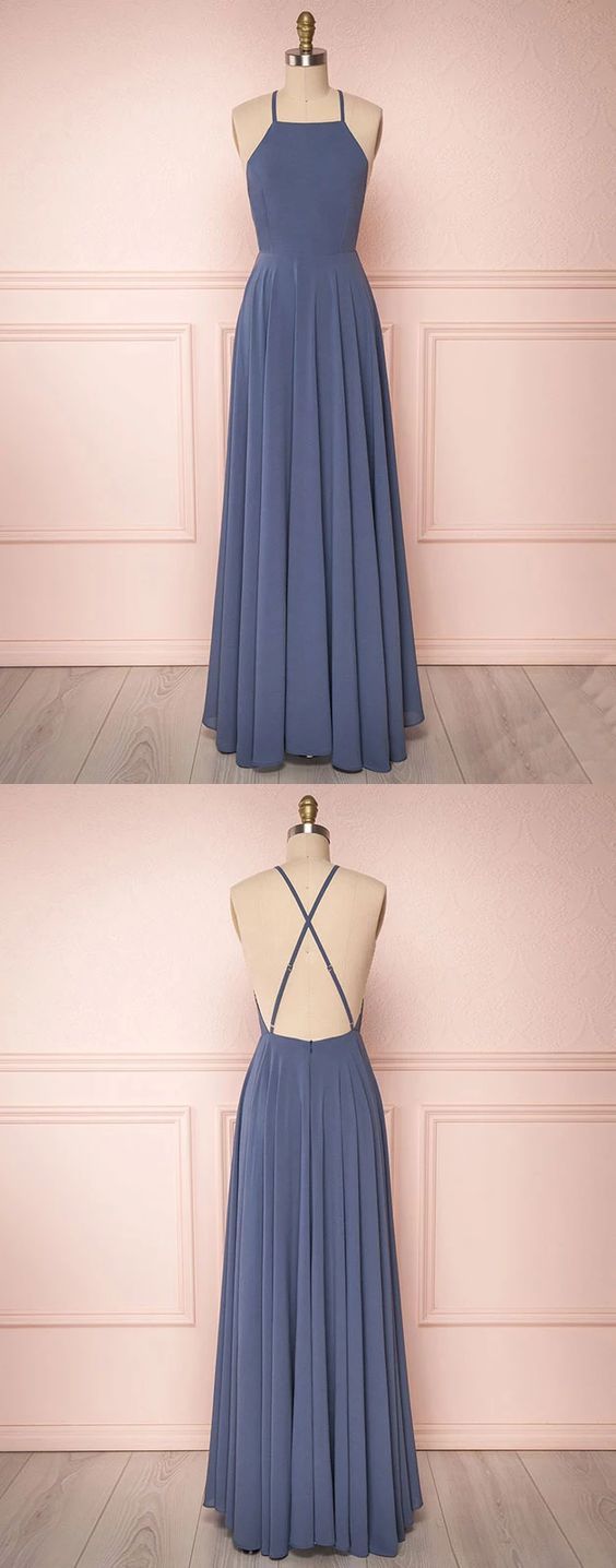 Simple backless chiffon long prom dress, chiffon evening dress, blue bridesmaid dress CD2114