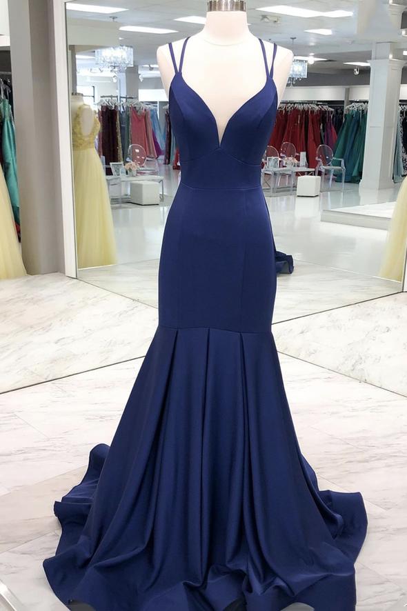 Blue satin long prom dress mermaid evening dress CD21177