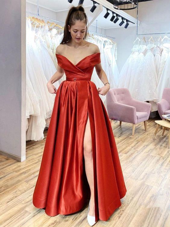 Off the Shoulder Red Satin Long Prom Dresses, Off Shoulder Red Formal Evening Dresses CD21245