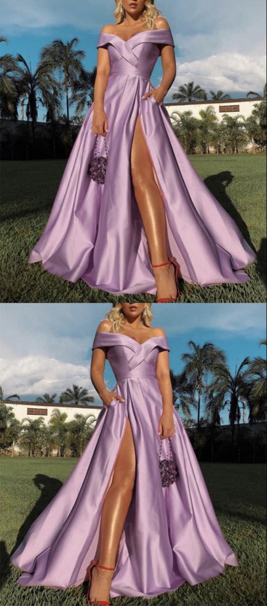 long satin split evening gown off the shoulder for high school prom Dress CD21305