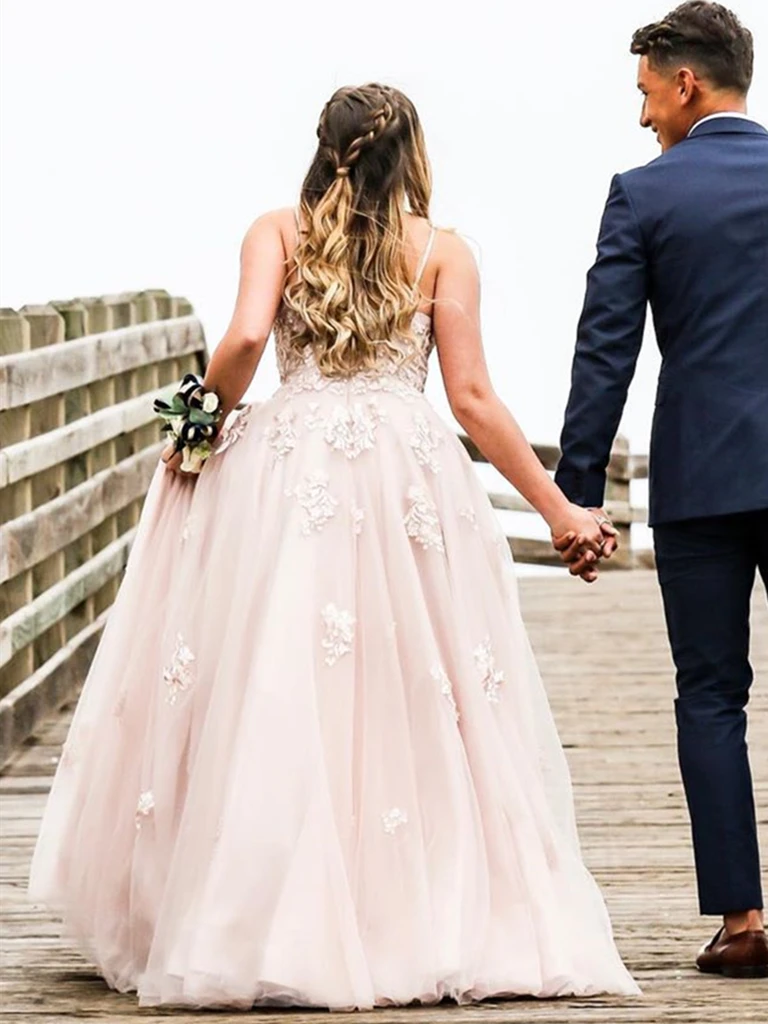 A Line V Neck Open Back Dusty Pink Lace Long Prom Dresses, Dusty Pink Lace Long Formal Evening Dresses, Pink Wedding Dresses CD21320