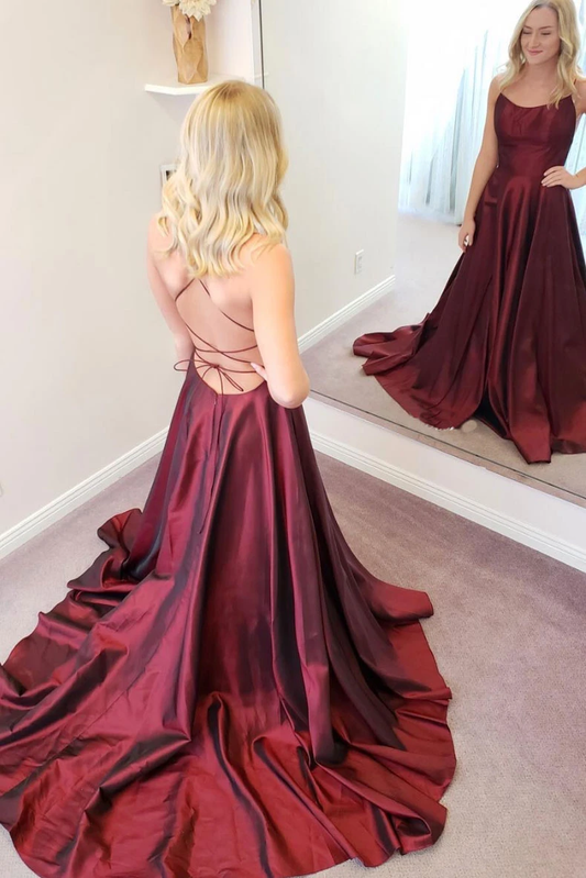 Simple burgundy satin long prom dress burgundy formal dress CD21332