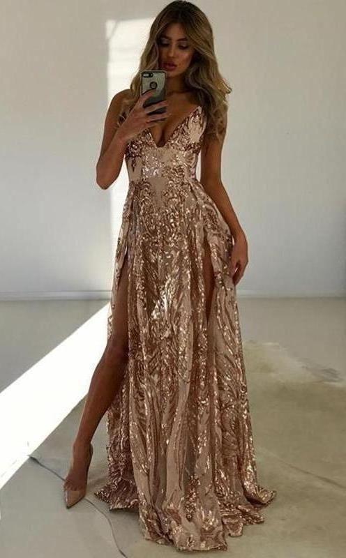 V-neck A-line Champagne Prom Dresses CD21380