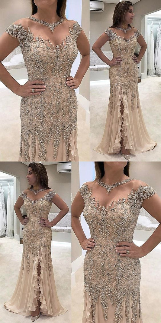 Sheath Prom Dresses, Round Neck Prom Dresses, Light Champagne Prom Dresses CD21387