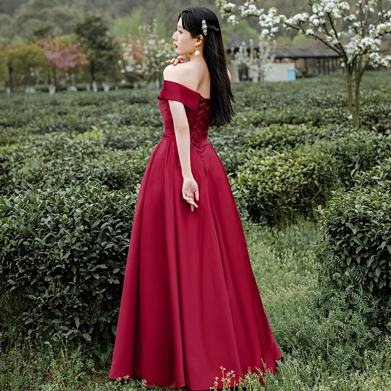 Dark Red Satin Long Off Shoulder A-Line Evening Dress prom dress CD21433