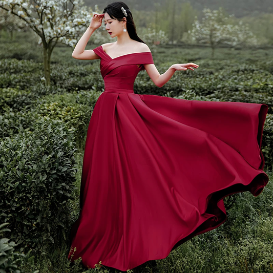 Dark Red Satin Long Off Shoulder A-Line Evening Dress prom dress CD21433