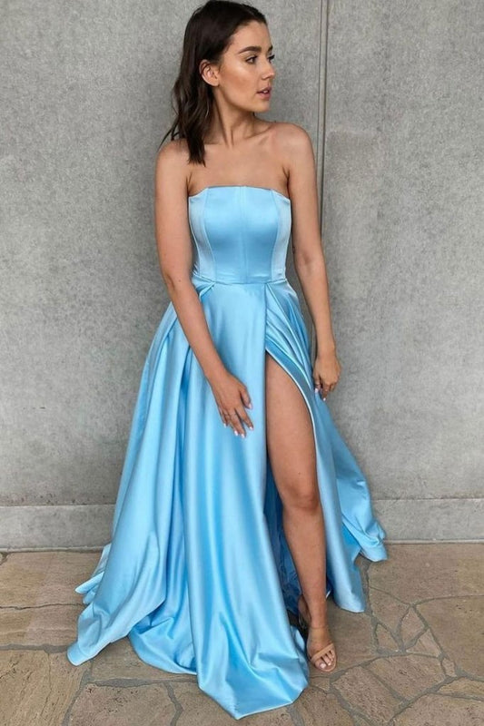 SIMPLE BLUE SATIN LONG PROM DRESS BLUE BRIDESMAID DRESS CD21467