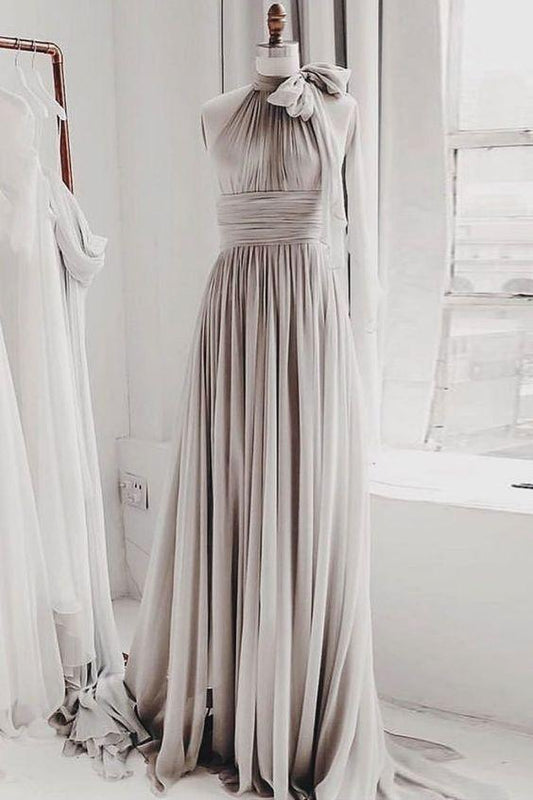 Simple chiffon gray long prom dress, gray bridesmaid dress CD21627