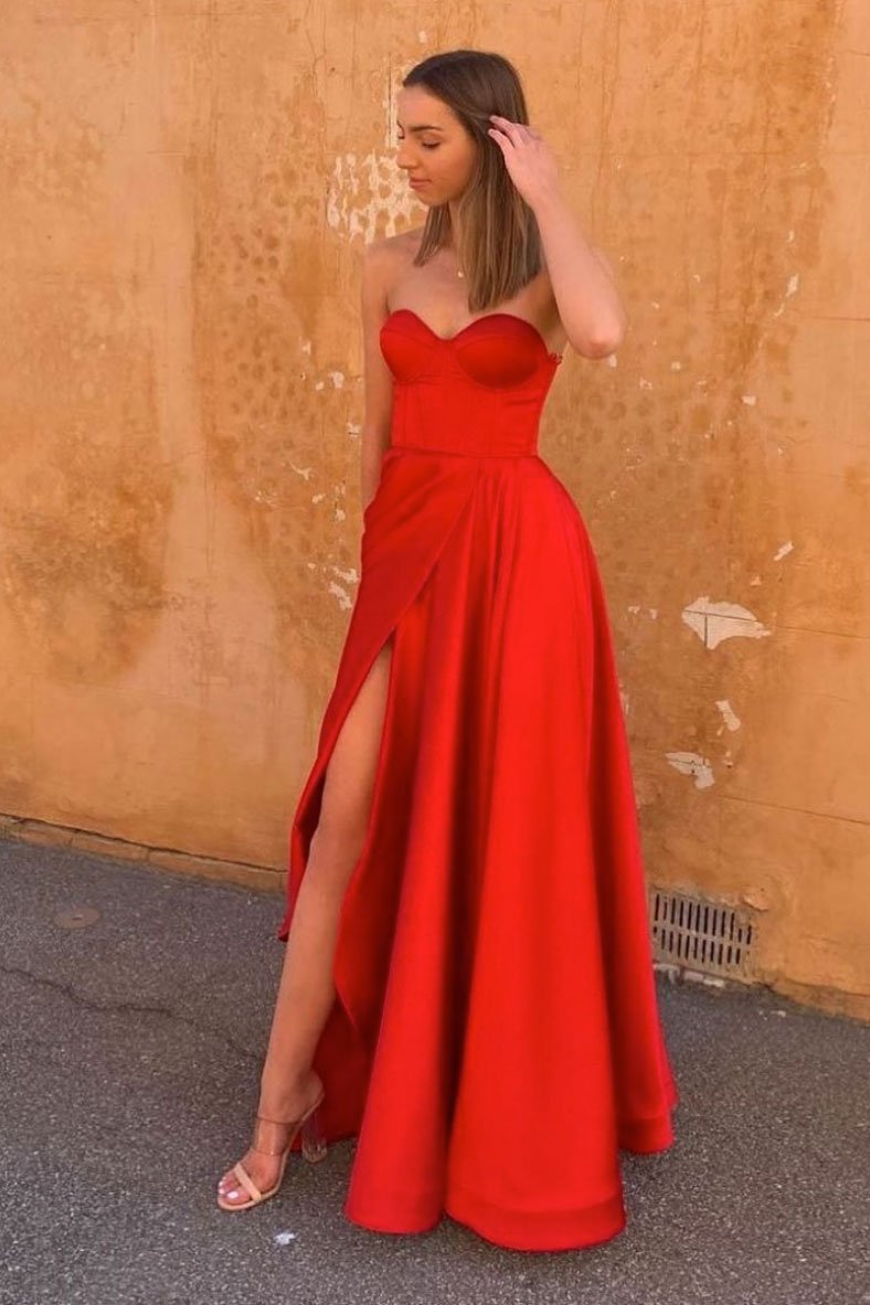 Simple red satin long prom dress red formal dress CD21633