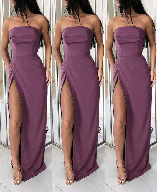 Prom Dresses Simple mauve strapless bridesmaid dresses satin split CD21702