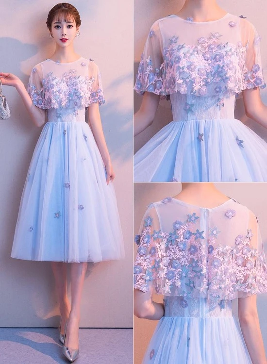 Light Blue Flowers Tulle Short Homecoming Dress CD21724