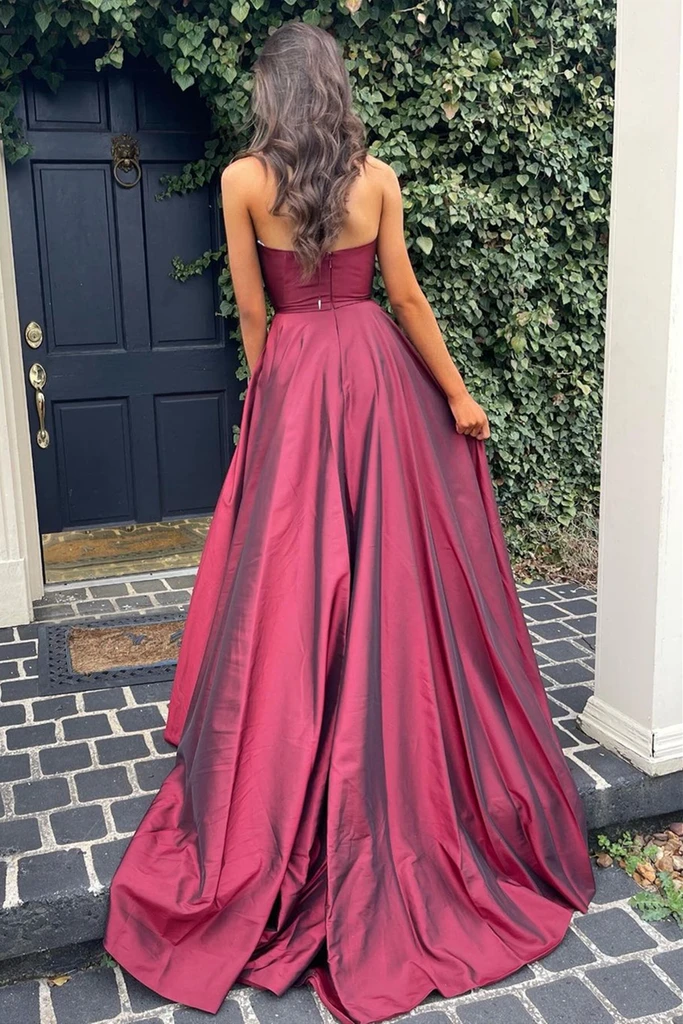 A Line V Neck Open Back Burgundy Long Prom Dresses with High Slit CD21783