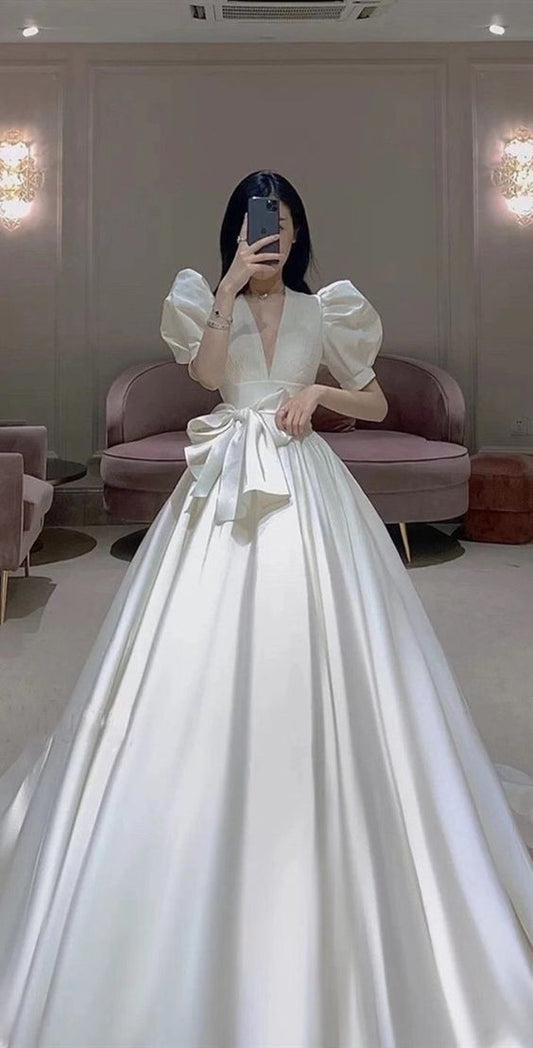 V-neck Puff Sleeves Newest Wedding Dresses, Luxury A-line Bridal Gowns Prom Dress CD21981