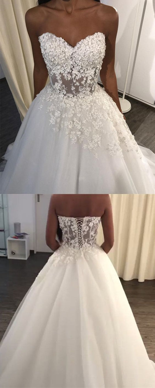 See Through Corset Wedding Dresses Tulle Sweetheart Ball Gown Appliques prom dress for women CD22024