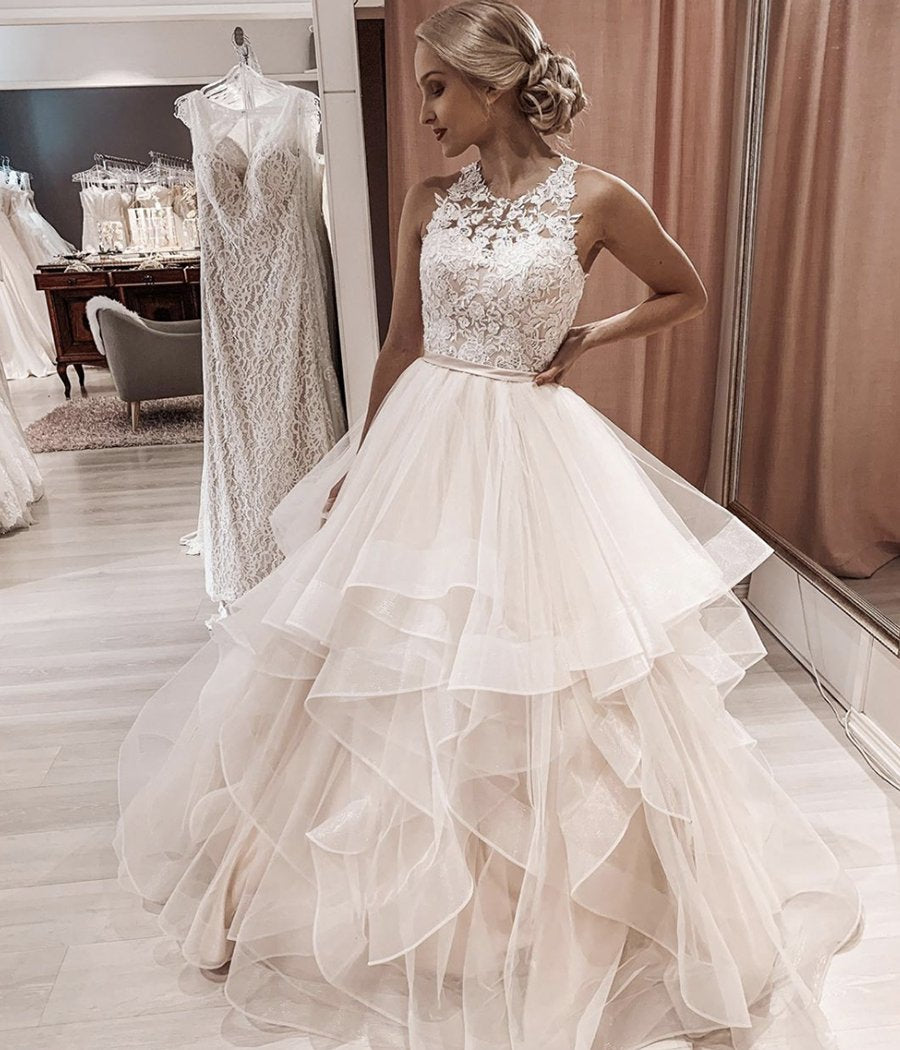 Jewel Neck Lace Tulle Modern Wedding Dresses Ball Gown with Sash Bodice Prom Dress CD22092