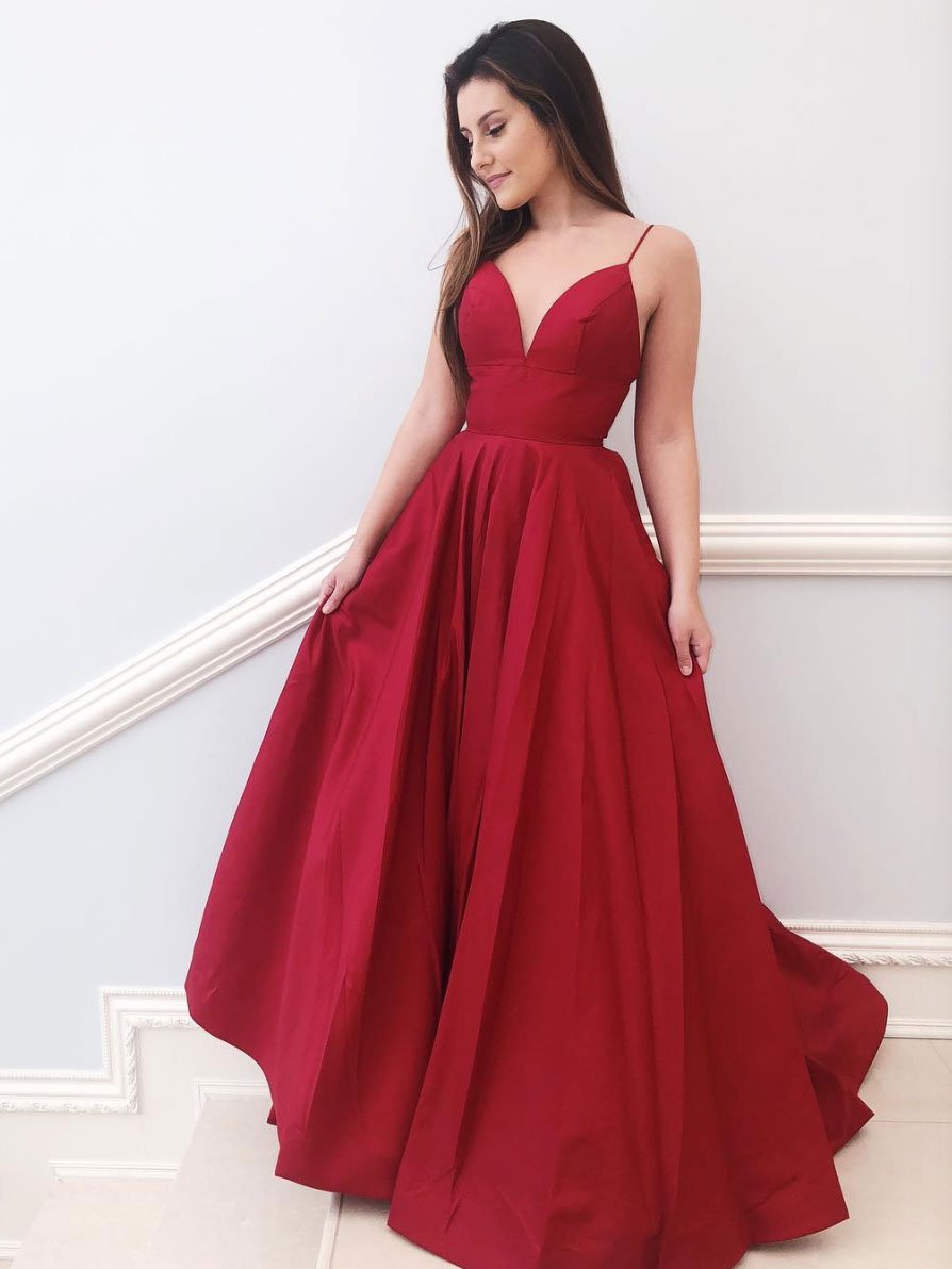 Red v neck satin A-line long prom dress red bridesmaid dress CD22098