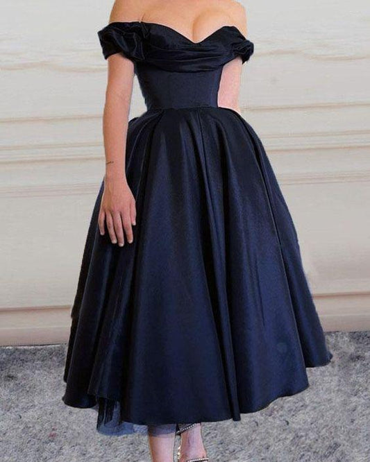 Vintage Satin Bridesmaid Dresses Tea Length Off The Shoulder prom dress, evening dress CD22151